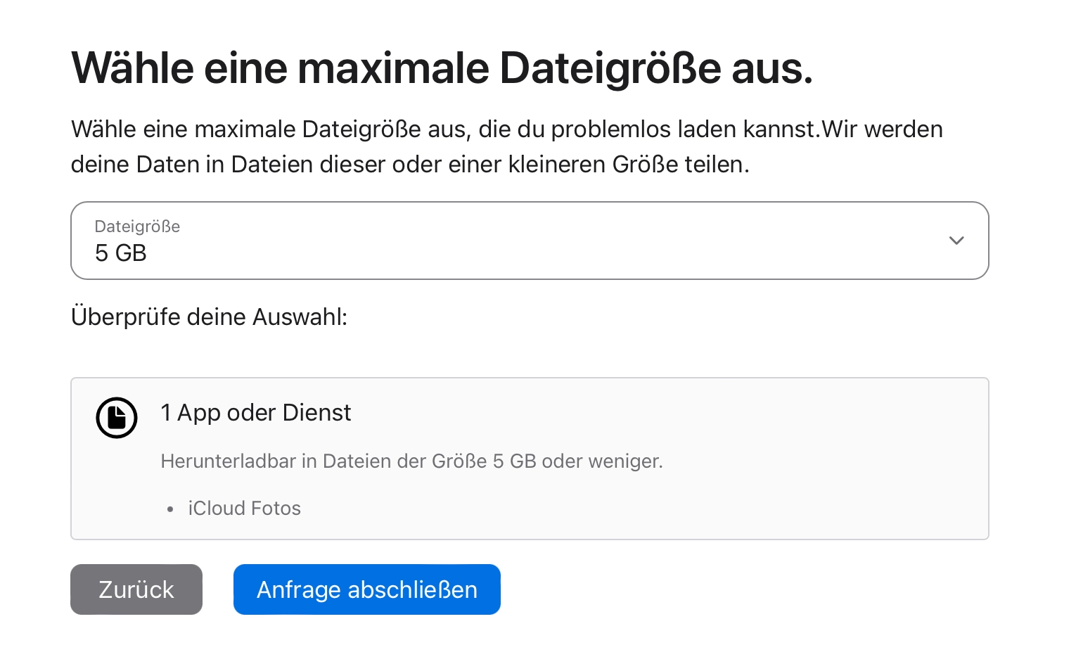 Apple iCloud Fotos Daten maximale Dateigröße ><