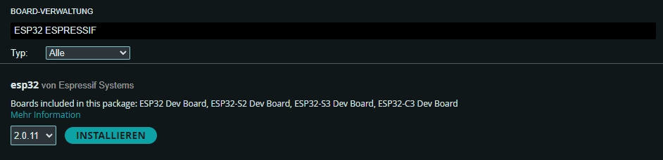Arduino IDE Board-Verwaltung - ESP32 ><