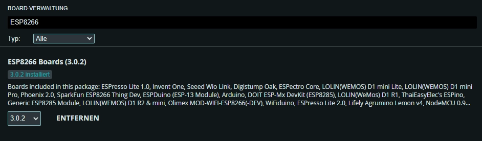 Arduino IDE Board-Verwaltung - ESP8266 ><