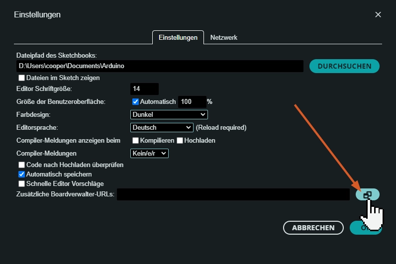 Arduino IDE zusätzliche Boardverwalter-URLs Menü ><