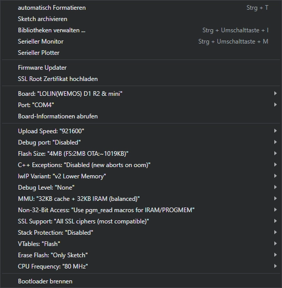 ESP8266 D1 Mini Arduino IDE Standardeinstellungen ><