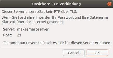 Unsichere FTP-Verbindung Message-Popup ><