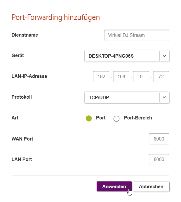 Vodafone Router Port-Forwarding hinzufügen ><